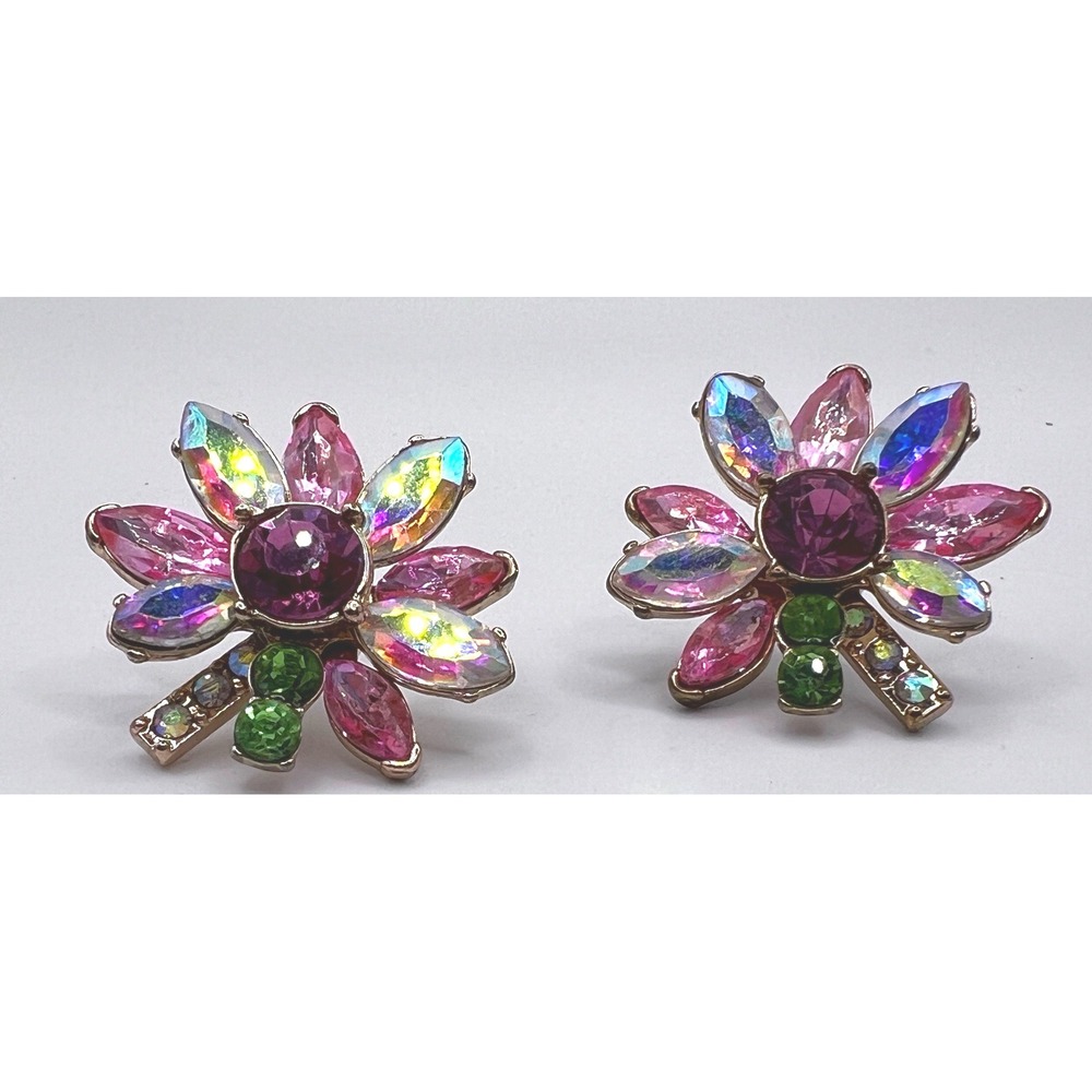 Vintage Rhinestone Flower Earrings Pink‎ AB Crystal Gold Tone Pierced 1"